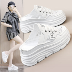 W3610新款透气女鞋2025夏季镂空厚底内增高半拖休闲鞋时尚女凉鞋