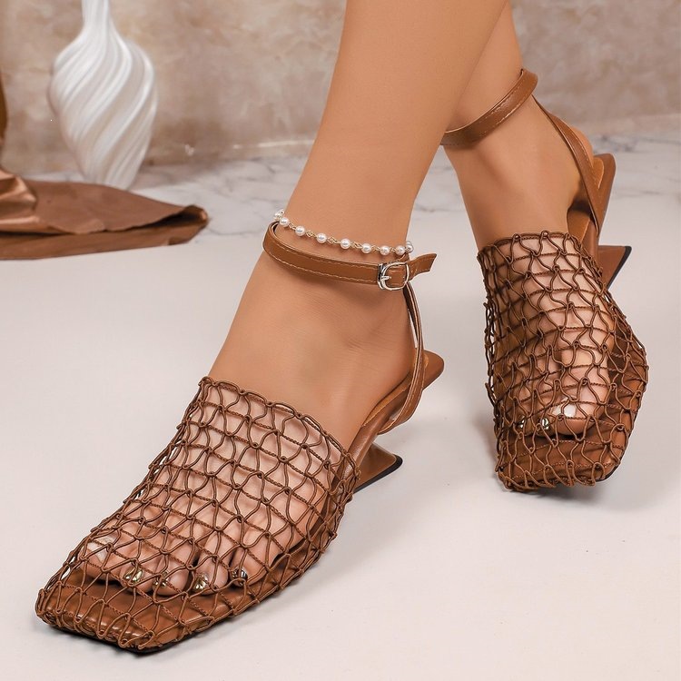 2026 New Brown Mesh Special-shaped Heel Sandals Square Head Buckle Low-heeled Women's Shoes_vogvips.com