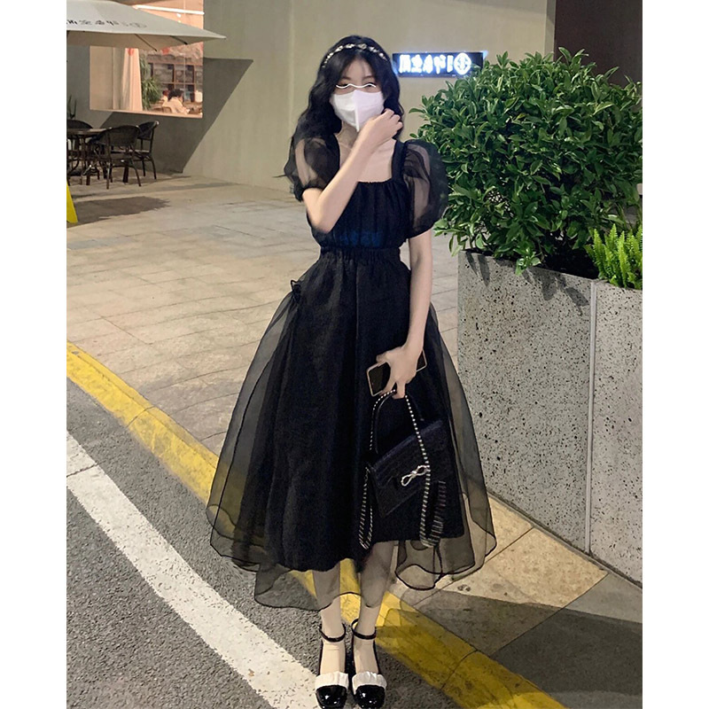 French Square Neck Mesh Puff Sleeves Backless Black Dress Summer Sweet and Age-Reducing Waist Puffy Princess Dress