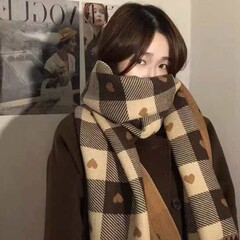 欧美跨境冬季保暖双面大爱心格子高级感围巾百搭披肩韩系保暖围脖