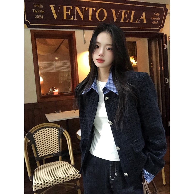 大码胖mm韩系假两件拼接翻领小香风外套女秋季宽松休闲夹克上衣潮|undefined
