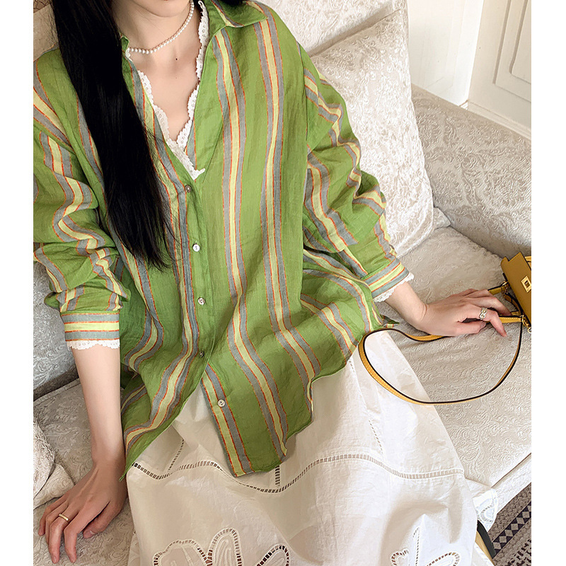 Spring and Autumn New Arrival: Green Striped 100% Linen Loose-Fit Casual Fresh Style Long-Sleeve Shirt, 2026 Trendy Top Spring and Autumn New Arrival: Green Striped 100% Linen Loose-Fit Casual Fresh Style Long-Sleeve Shirt, 2026 Trendy Top