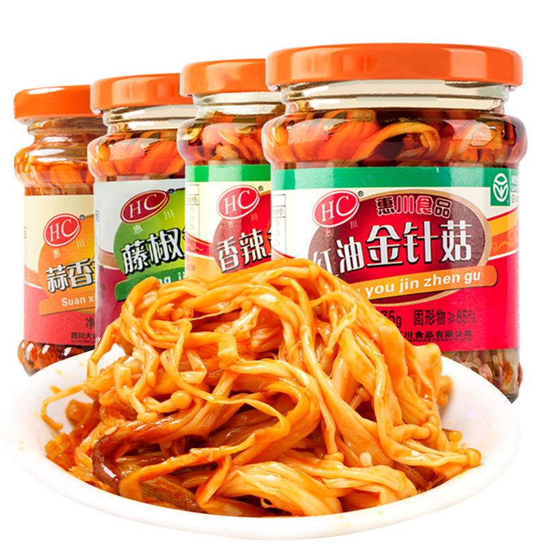 Flammulina velutipes Hui Chuan Marked Serve a meal 145g bottled precooked and ready to be eaten spicy snacks Spicy and spicy Bamboo shoots Canned Pickles