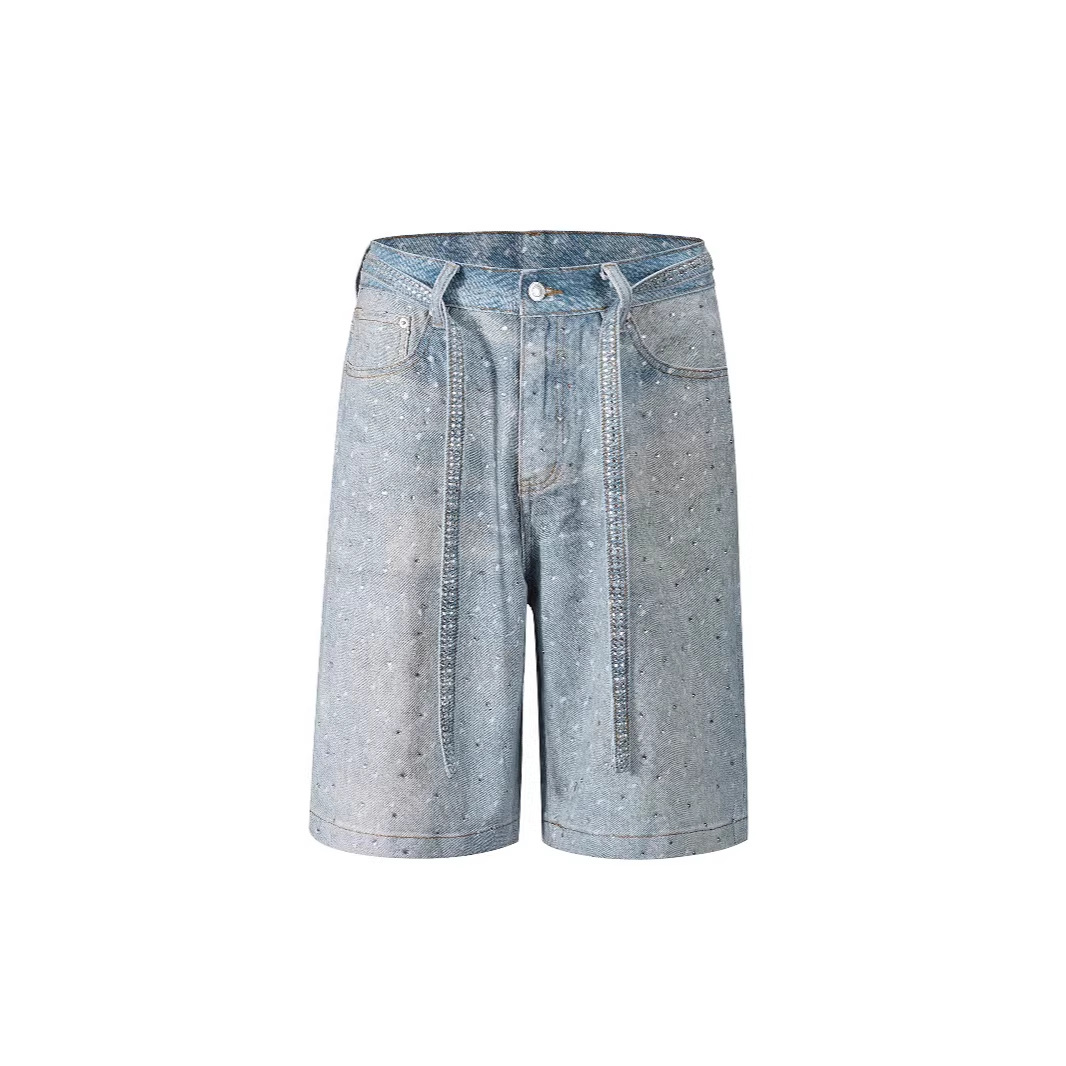 Spring Summer New Women's Loose Fit Denim 5 Pocket Pants Diamond Embellished Belt Spot Pattern Model By D8739_voghion.com