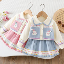 女童毛衣套装秋冬新款可爱卡通雪人polo领针织开衫短裙儿童两件套