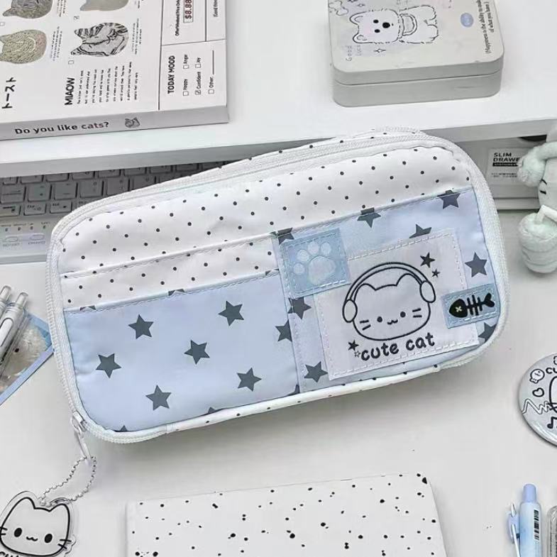 ins少女心蓝色音乐波点小猫多层痛包笔袋大容量铅笔文具袋收纳袋