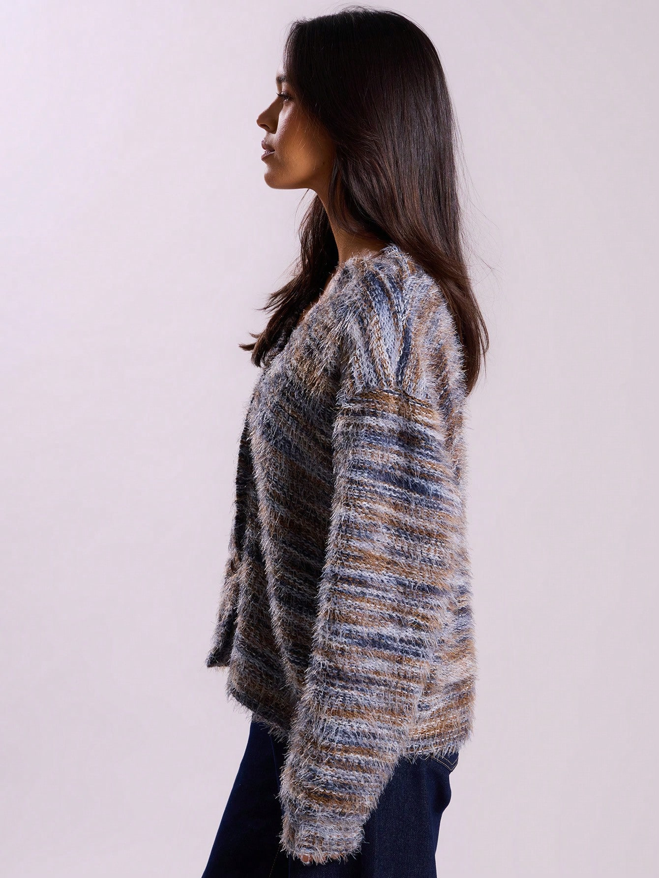 Vintage Plüsch Strickjacke Mit Tiefem V-ausschnitt Langarm_voghion.com