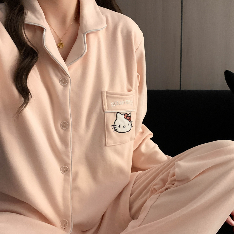 厂家现货秋冬款双面加厚德绒睡衣女甜美粉色刺绣KT猫家居服两件套