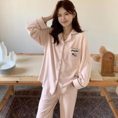 澳绒熊猫睡衣套装秋冬新款薄绒家居服两件套女款翻领长袖保暖宽松