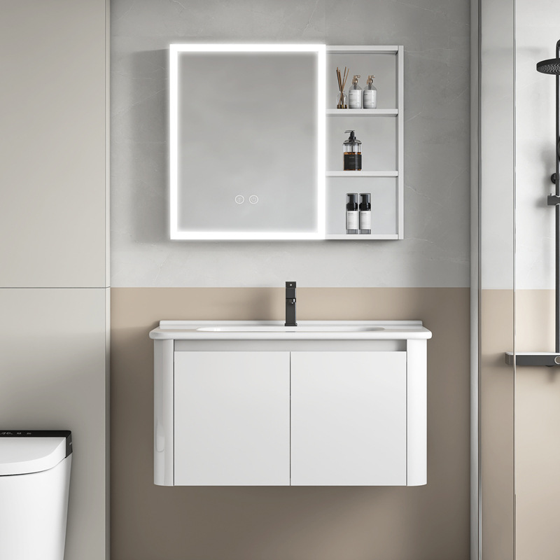 Creamy viento blanco espesado espacio gabinete de baño de aluminio combinado cerámica lavabo de mano lavabo lavabo