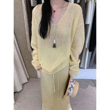 元派 慵懒风温柔马海毛针织衫2026春新款薄款套头V领毛衣女 WC223