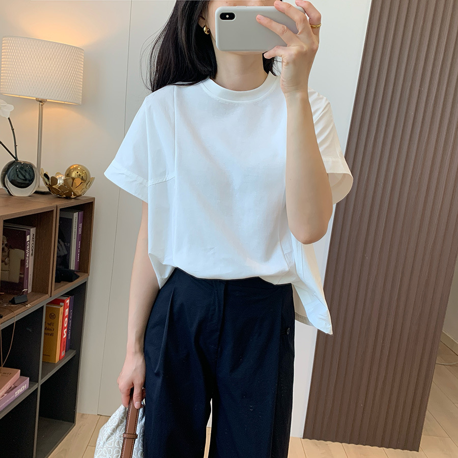小众设计感 精梳棉解构立裁拼接圆领宽松清爽百搭飞飞袖短袖T恤夏