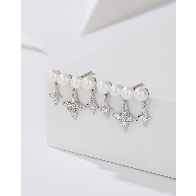 925 pendientes de perlas de plata esterlina Luz de lujo de alto grado de la vendimia borla diamante completo cuatro Awn estrella pendientes nicho de la joyería del oído