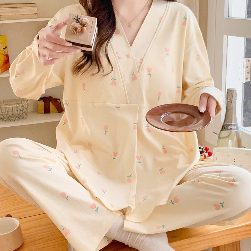 月子服春秋綿質産後授乳パジャマ通気性吸汗薄いタイプ妊婦パジャマ夏授乳調節可能|undefined