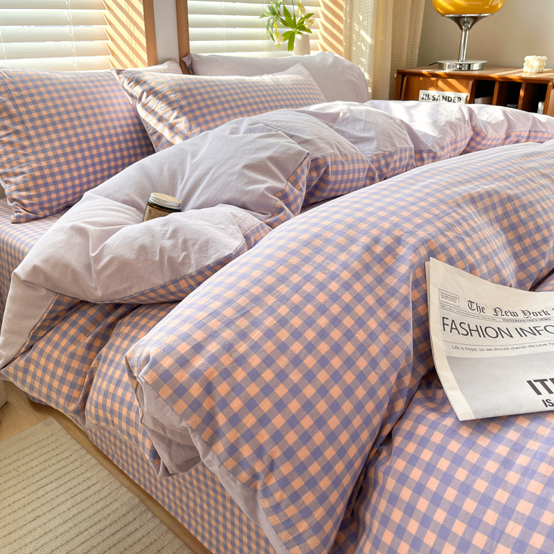 Juego de cuatro piezas de algodón lavado teñido en hilo para estudiantes 2025 nuevo juego de sábanas de edredón de dormitorio de estudiantes de tres piezas