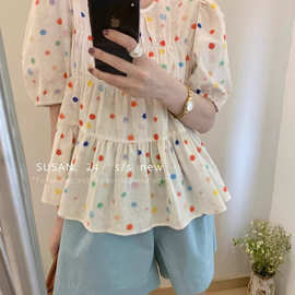 2025韩系彩色波点泡泡褶皱小衫新款宽松夏季百搭衬衫上衣