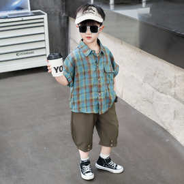 童装男童夏装短袖套装2025新款儿童帅气格子衬衫洋气时髦男宝衣服