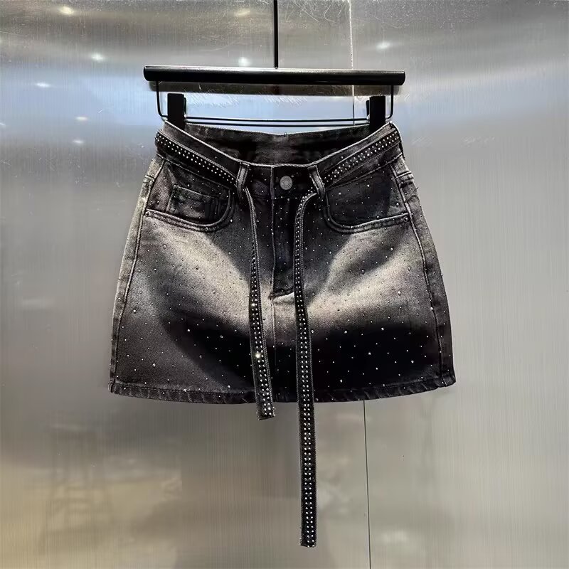 Retro Gradient Hot Diamond Denim Skirt for Women Summer Plus Size Fat mm Slimming Look High Waist Hip A-Line Short Skirt