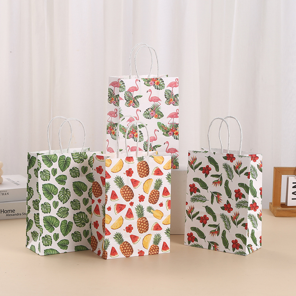 水果树叶主题牛皮纸袋夏天礼品包装袋菠萝火烈鸟派对手提礼物包装