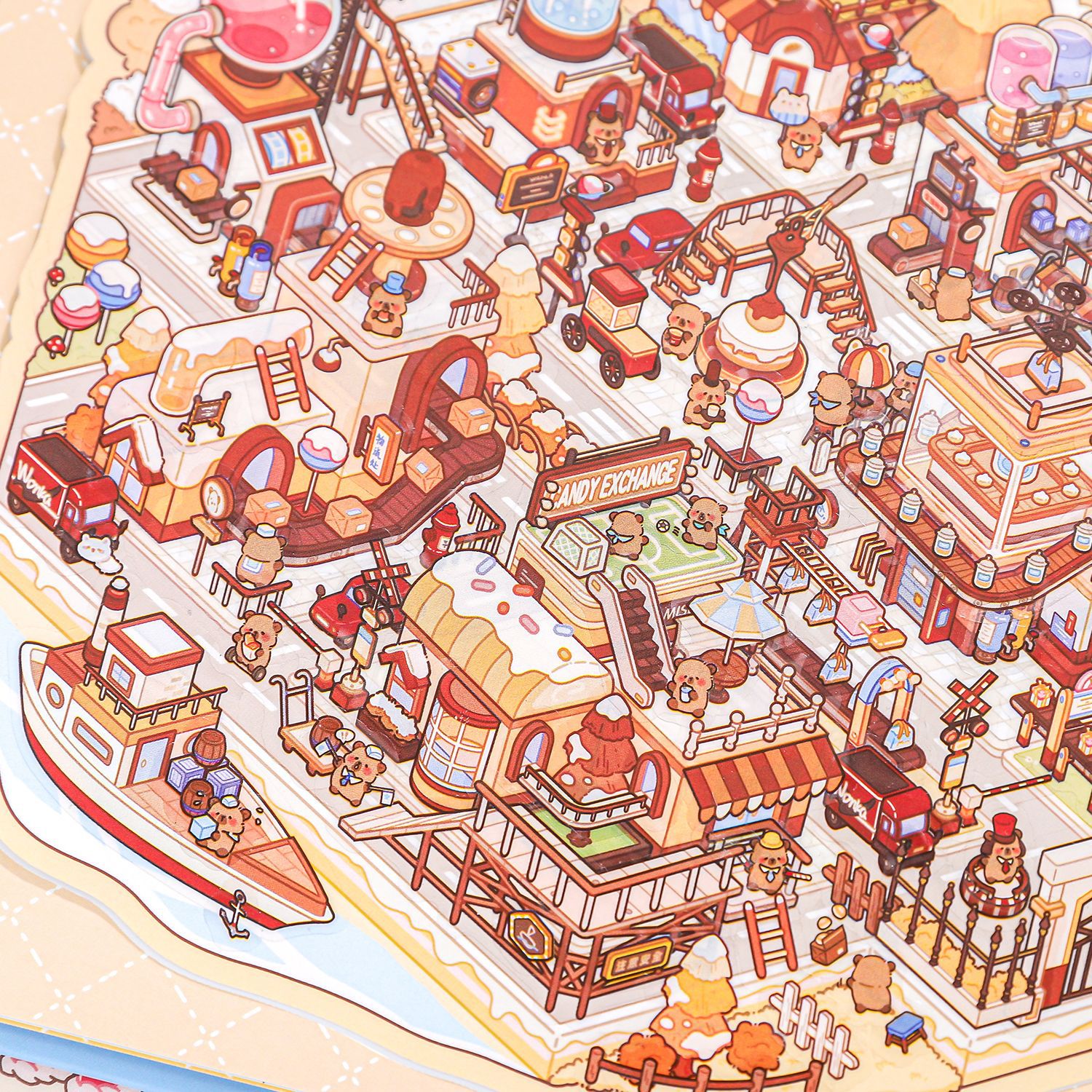 Escena en miniatura de rastro de papel 2.0 libro de pegatinas Kapibara 3D estéreo cabañas diy descompresión libro de pegatinas de paisajismo