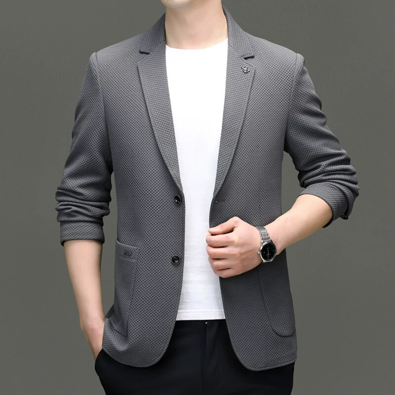 Мужской костюм-пиджак весна 2025, трикотажное стрейчевое полотно, стрейчевая трикотажная подкладка, модный корейский стиль, на двух пуговицах