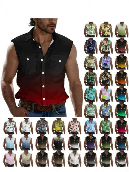 26 New Summer Style Tropical Plant Print Sleeveless Vest Men's Summer Seaside Resort Style Gradient Lapel Top