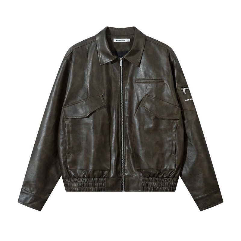 BF.BORFEND American Retro Old Stitching Letter Printing Machine Style Lapel PU Leather Men's Jacket Coat