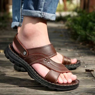 Summer New Sandals Men's Casual Top Layer Cowhide Beach Shoes Comfortable Dual-Use Sandals and Slippers Genuine Leather All-Match Outdoor