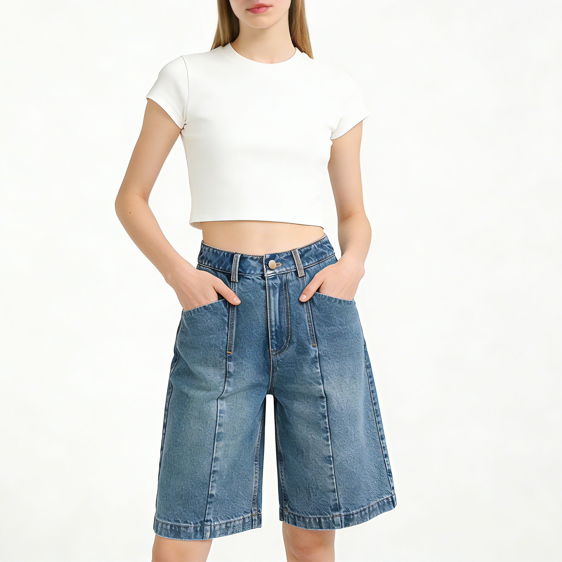 Quần short jean nam ống rộng dáng suông, cạp cao, phong cách đường phố Mỹ — xanh lam chi tiết 1