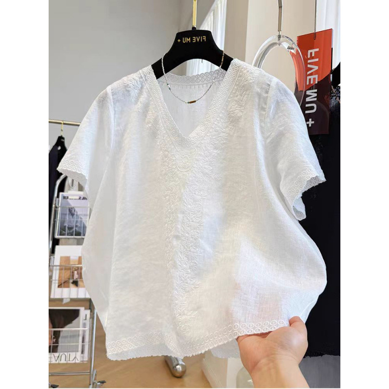 In-Stock 2026 Summer Heavy Embroidery V-Neck Cotton-Linen Short-Sleeve Blouse for Women, French-Style Lace Blouse for Women In-Stock 2026 Summer Heavy Embroidery V-Neck Cotton-Linen Short-Sleeve Blouse for Women, French-Style Lace Blouse for Women
