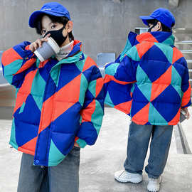 2023童装新款韩版男童格子拼色加厚棉衣儿童洋气保暖男孩棉服批发