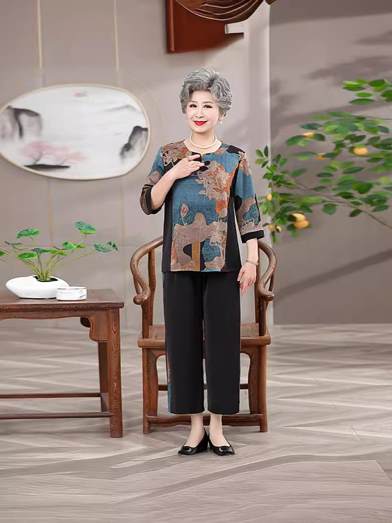 2024春季奶奶装富贵拼色衬衫衬衣上下套装中老年洋气妈妈装衣服