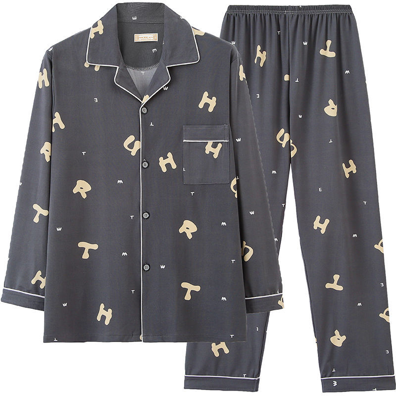 Pijamas pantalones de manga larga para hombre primavera y otoño verano más tamaño % Algodón puro verde de mediana edad cardigan homewear traje de dos piezas