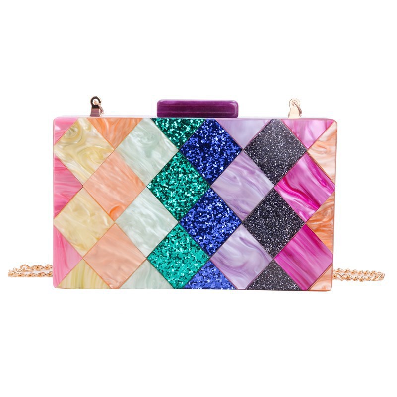 Nuevas bolsas de cena de damas transfronterizas empalmadas rango acrílico bolsas de cena de hombro de una sola mano de boda inclinada