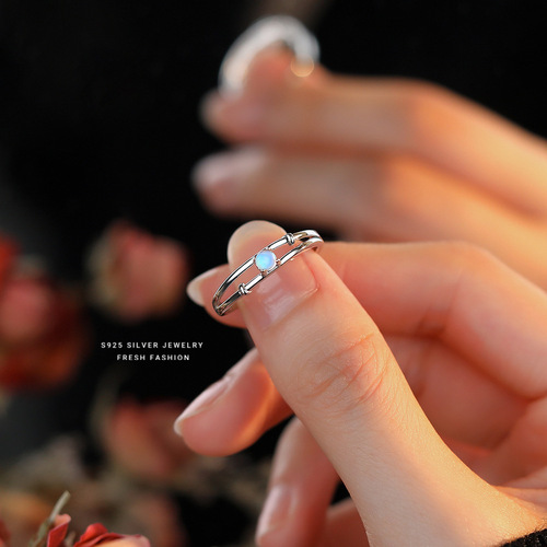 Pure Silver Moonlight Love Fantasy Colorful Ring for Women - Geometric Simple Fresh Sweet Cute Elegant Valentine's Day Single Ring