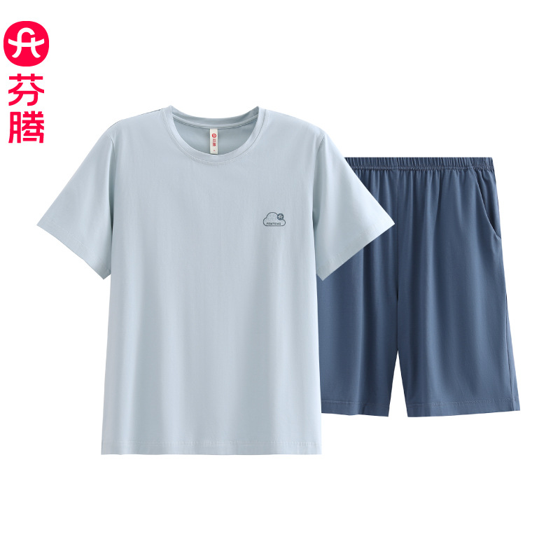 펜텐【시원한 면】남성용 여름 잠옷 순면 반팔 반바지 세트 여름용 얇은 대형 사이즈 루즈핏 홈웨어
