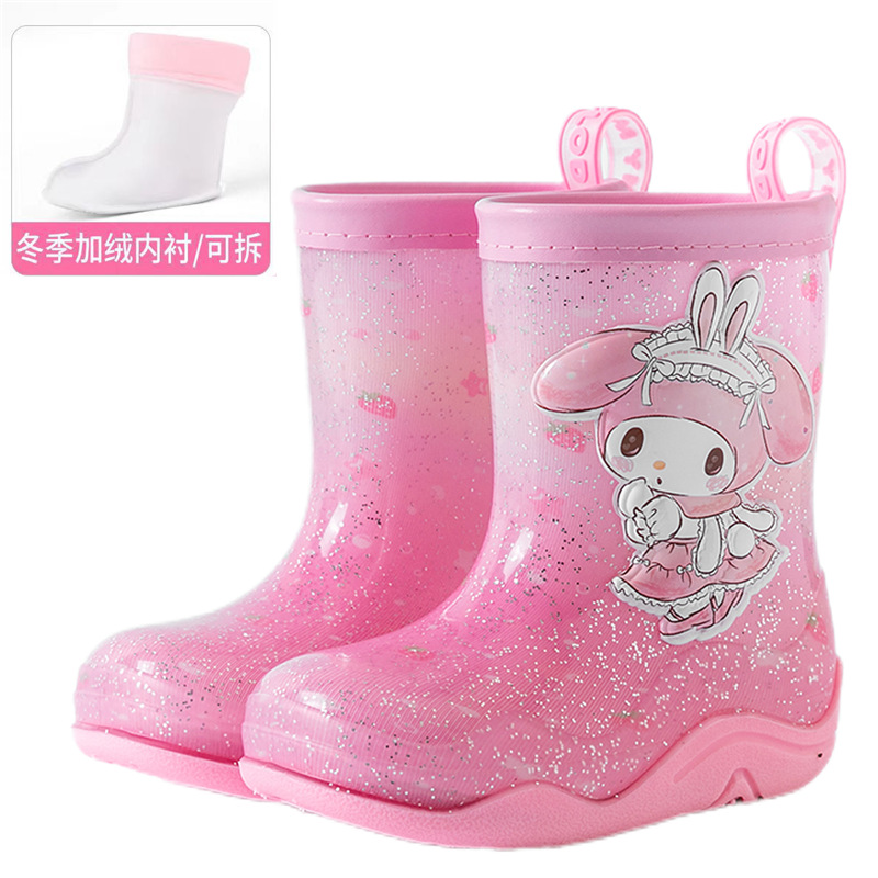 Sanrio Autumn and Winter Fleece-Lined Warm Children's Rain Boots Cartoon Girls' Non-Slip Rain Boots Girls' Outdoor Crystal Boots