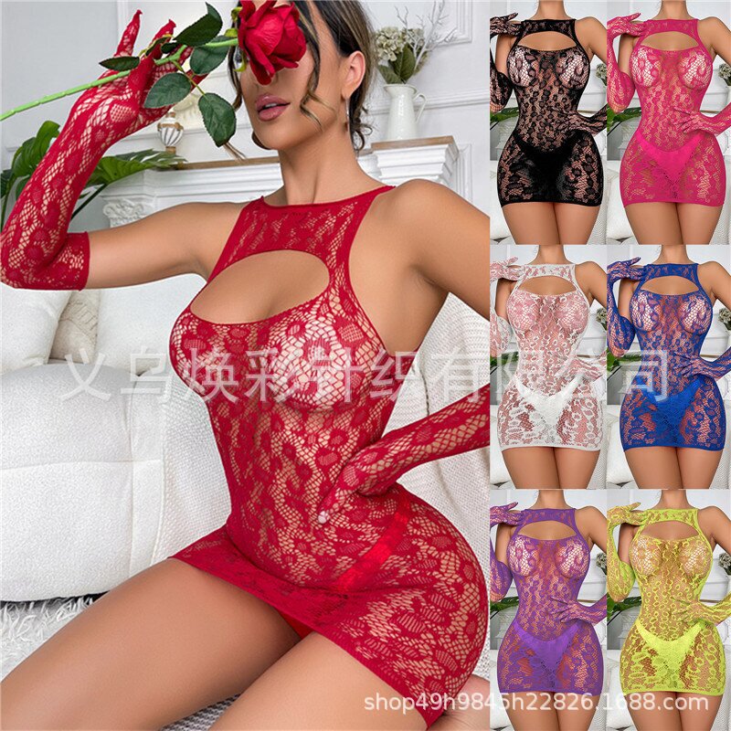 European and American sexy lingerie plus size cross-border sexy net clothes foreign trade popular bag hip net dress hollow gloves suit