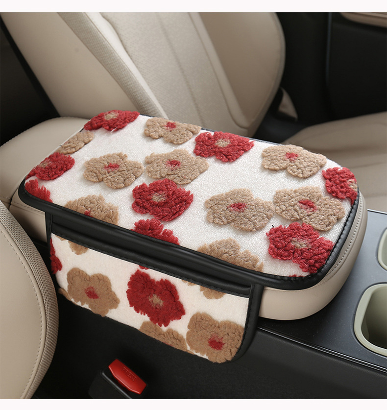 2025 Trendy Winter Lamb Wool Car Armrest Box Mat with Small Flowers in 6 Colors, Sweet Decorative Mat, Storage Bag, Protective Mat