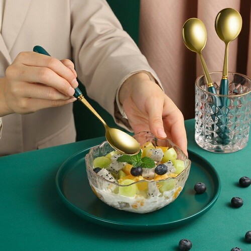 Emerald stainless steel spoon for home drinking soup and eating Korean style cute thickened long handle spoon spoon fork set