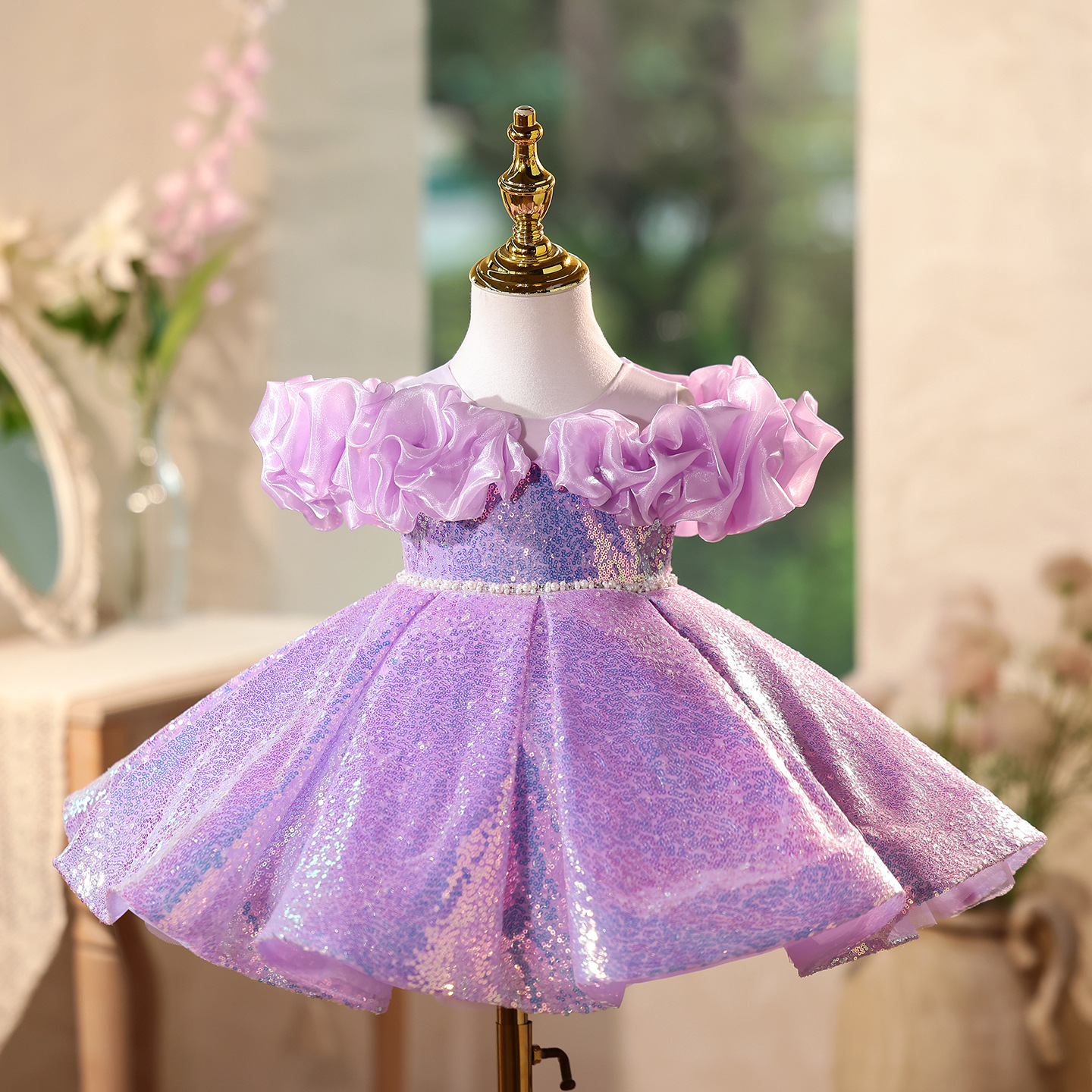 Girls' Sequin Dress With Off-shoulder Design, Light Luxury Niche High-end Children's Host, Runway, Piano Performance_voghion.com