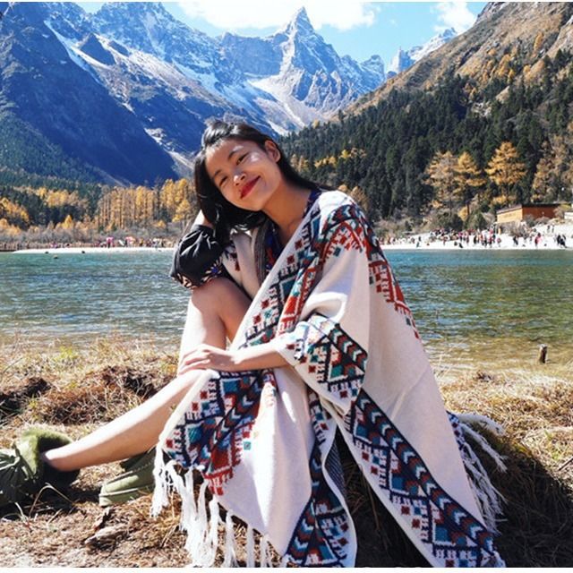 Shawl Cape Split Women's Autumn and Winter Thickened Ethnic Style Xizang Qinghai Lijiang Tourism Knitted Tassel Scarf Dual-Use