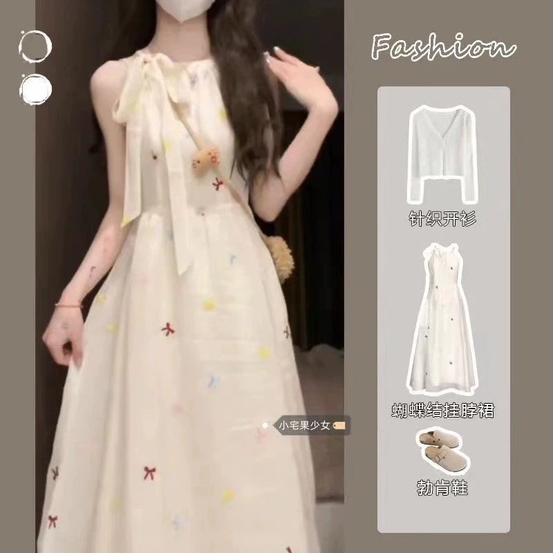 Нежное платье без рукавов с бантом и цветочным принтом, новое летнее французское платье феи для похудения с милой талией