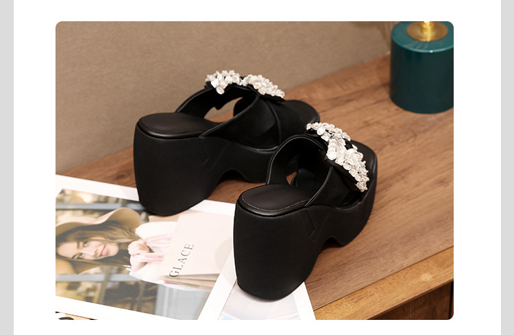 Sandal cao gót nữ đính đá hở mũi quai chéo nơ bướm đế dày — màu đen chi tiết 11
