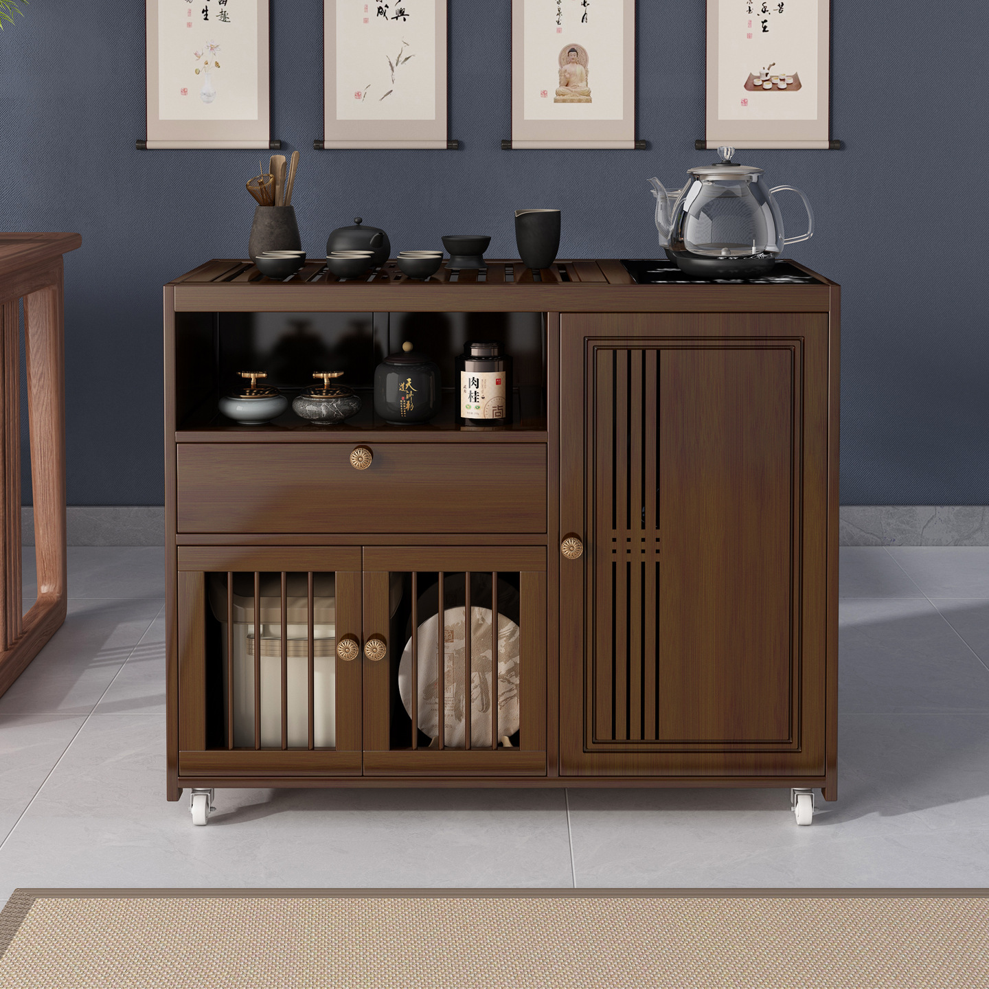 New Chinese Style Mobile Tea Cart Household Kettle Integrated Coffee Table Side Cabinet Tea Cabinet Small Balcony Living Room Tea Table