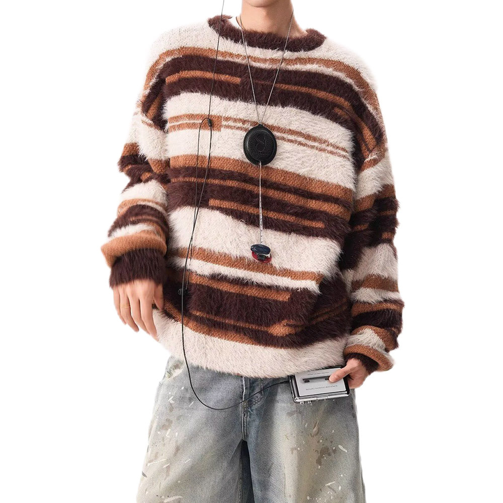 Explosiones transfronterizas de tamaño europeo de tamaño grande jersey de punto a rayas suéter de hombre suave peludo ceroso otoño invierno fábrica de marea al por mayor
