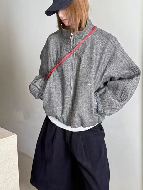 高端撞色格子袖口立领百搭宽松显瘦毛呢夹克女外套2025秋季新款潮|undefined