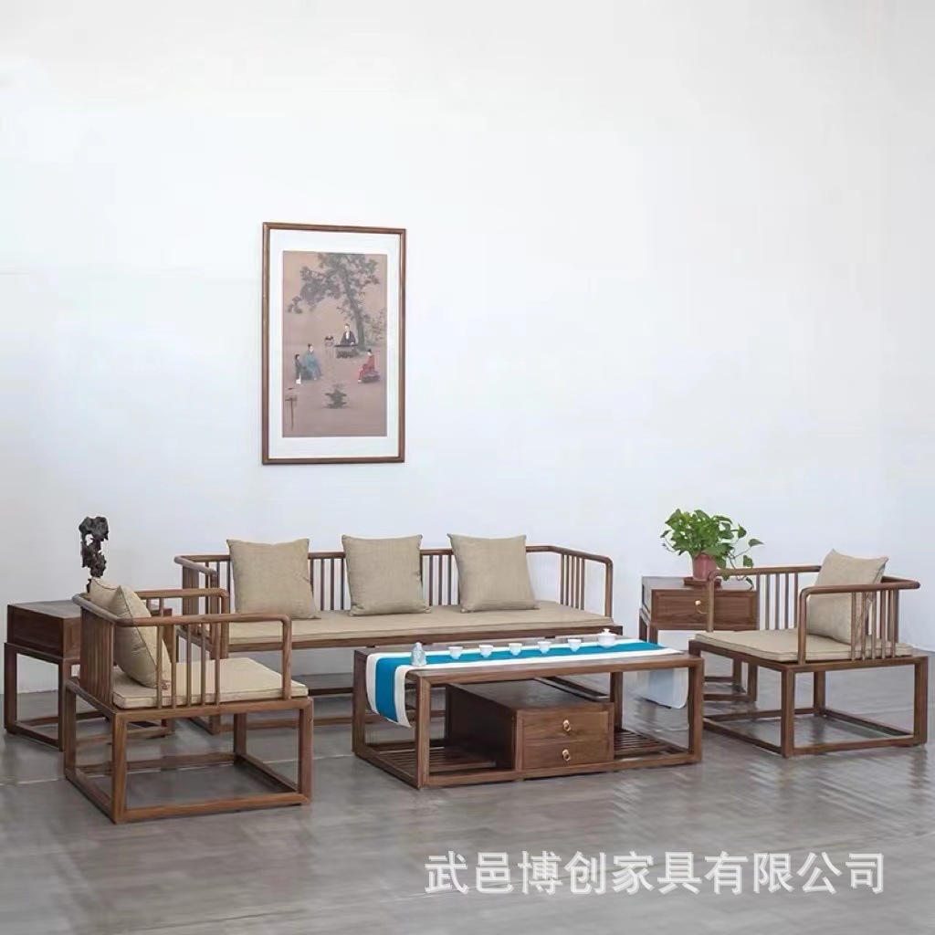 新中式老榆木沙发六件套罗汉床三人位单人床电视柜组合布艺沙发