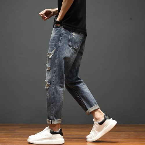Men's Summer Denim Jeans with Holes, Pure Cotton, Low Cut, Fashion Hip-Hop Style, Versatile Men's Denim Pants