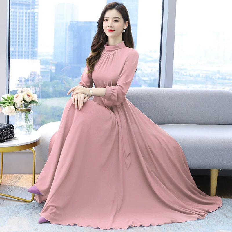 Fitted chiffon long‑sleeve maxi dress, spring beach style, S–4XL